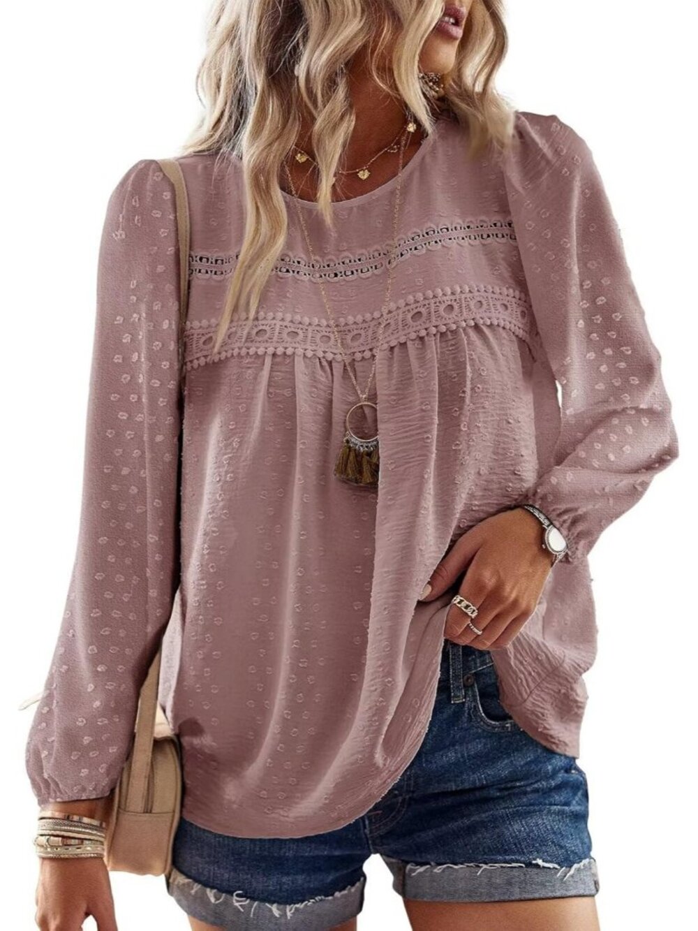 Women's Pink Crewneck Flowy Long Sleeve Shirts Casual Crochet Lace Hem Tops